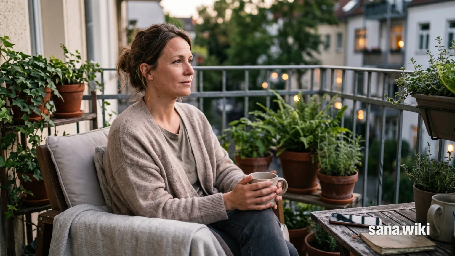 Frau um die 40 mit einer Tasse Tee auf einem Balkon im Abendlicht; ihr Smartphone liegt umgedreht neben ihr.