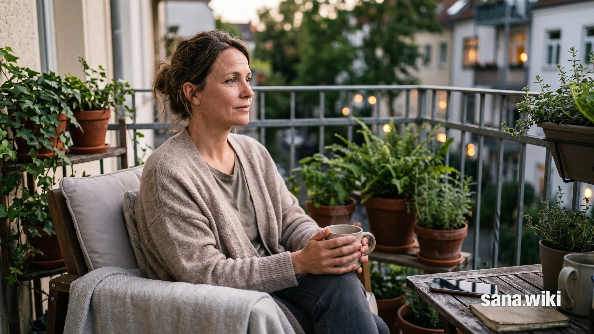 Frau um die 40 mit einer Tasse Tee auf einem Balkon im Abendlicht; ihr Smartphone liegt umgedreht neben ihr.